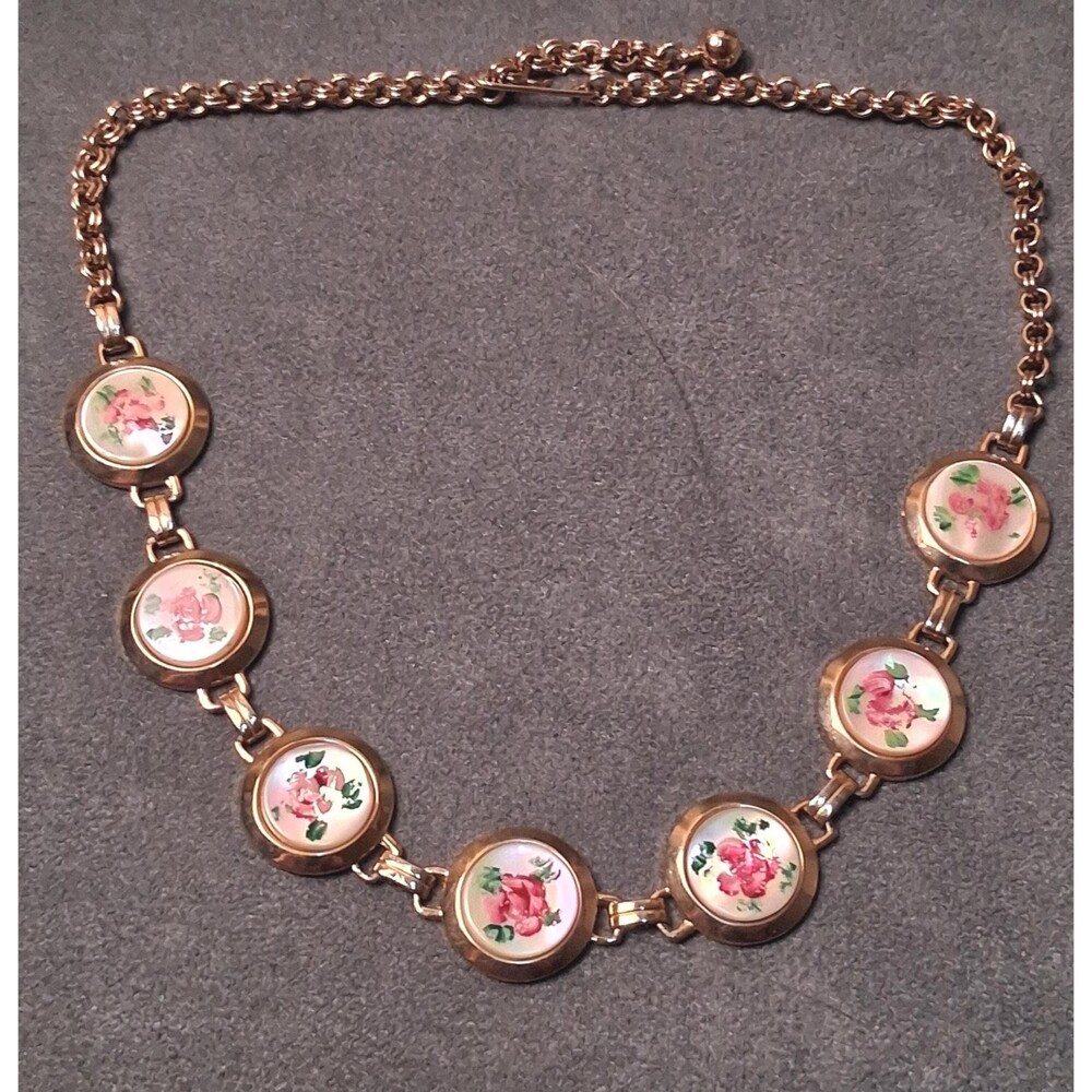 Vintage Hand Painted Necklace Lucite Roses